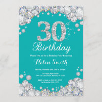 30th Birthday Invitation Teal and Silver Invitatio