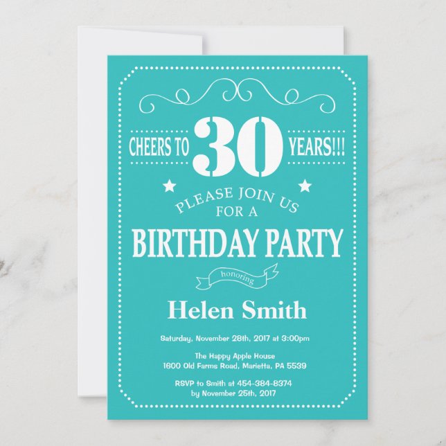 30th Birthday Invitation Teal and White (Front)