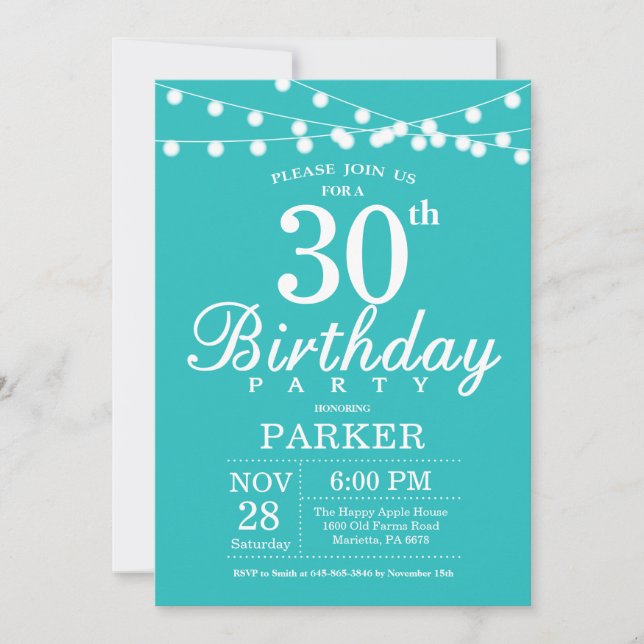 30th Birthday Invitation Teal Aqua Turquoise (Front)