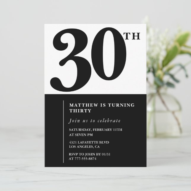 30th birthday invitations Black and White Elegant (Standing Front)