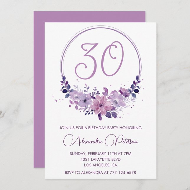 30th birthday invitations Elegant Boho purple (Front/Back)