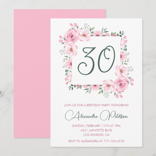 30th birthday invitations Floral Elegant Pink (Front/Back)