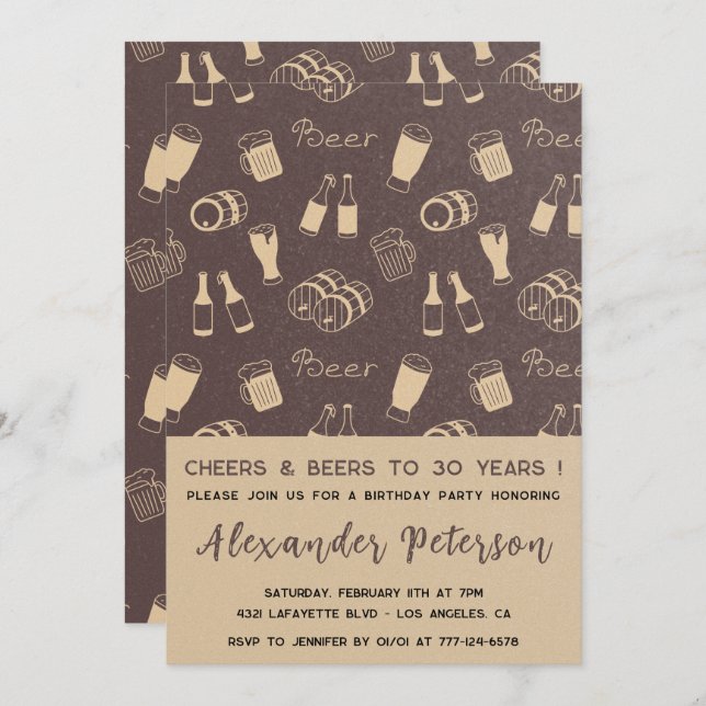 30th birthday invitations Men Beer Pattern Rustic (Front/Back)