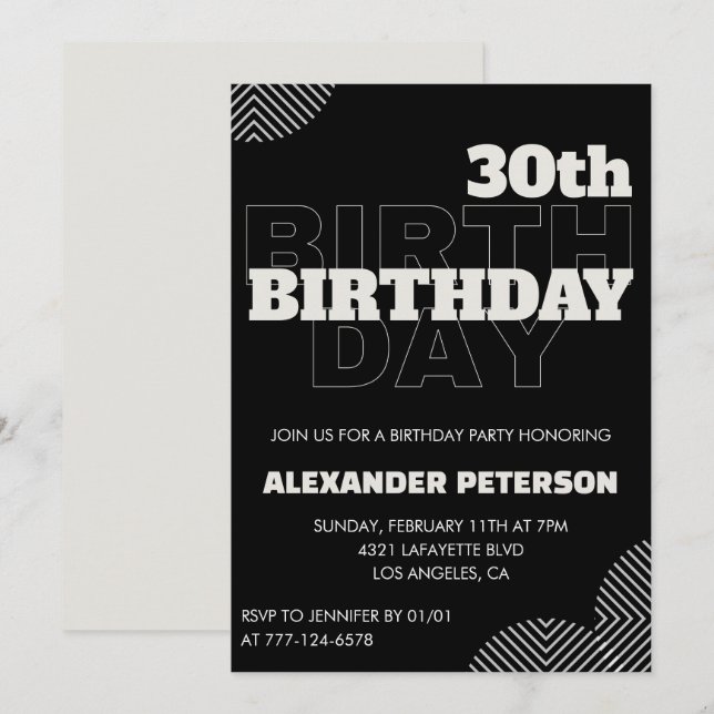 30th birthday invitations Men Black Party (Front/Back)