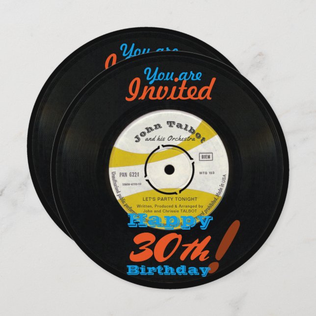 30th Birthday Invite Retro Vinyl Record 45 RPM (Front/Back)