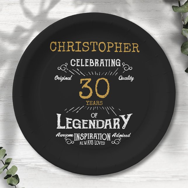 30th Birthday Legendary Black Gold Retro Paper Plate (For those celebrating their 30th birthday we have the ideal birthday party plates)