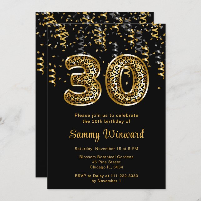 30th Birthday Leopard Print Balloons with Confetti Invitation (Front/Back)