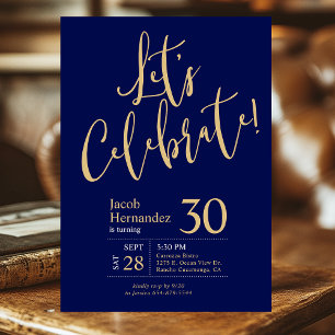30th Birthday Let's Celebrate Navy Blue Gold Photo Invitation