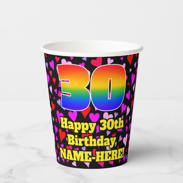 30th Birthday: Loving Hearts Pattern, Rainbow 30 Paper Cups (Back)