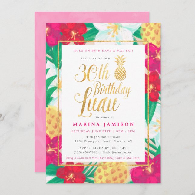 30th Birthday Luau Invitations | Pink & Gold (Front/Back)