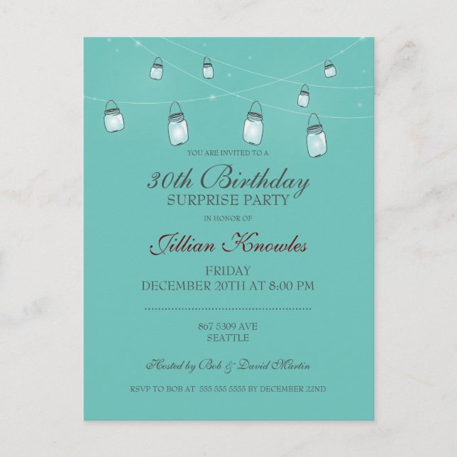 30th Birthday Mason Jar Lights Invitation Postcard (Front)