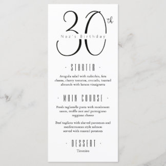 30th Birthday Menu