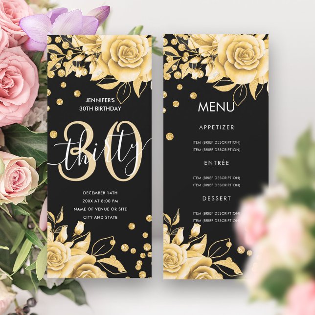 30th Birthday Menu Gold Floral Glitter Black  Invitation (30th Birthday Menu Gold Floral Glitter Black Invitation)