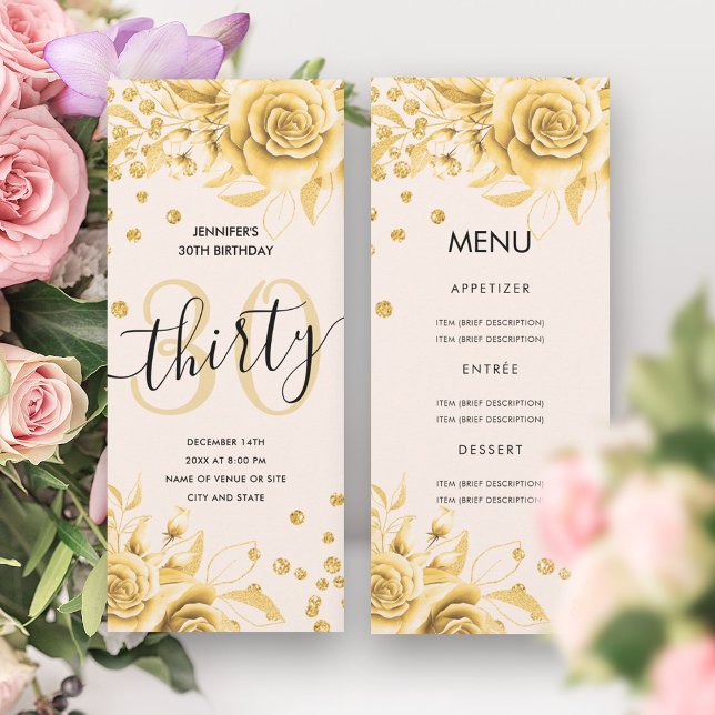 30th Birthday Menu Gold Floral Glitter  Invitation (30th Birthday Menu Gold Floral Glitter Invitation)