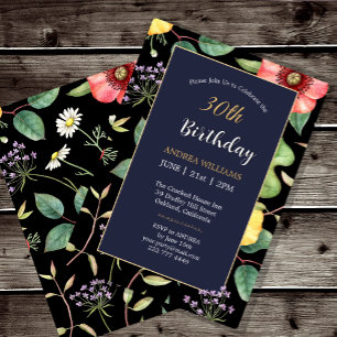 30th Birthday Midnight Vintage Drawing Wildflowers Invitation