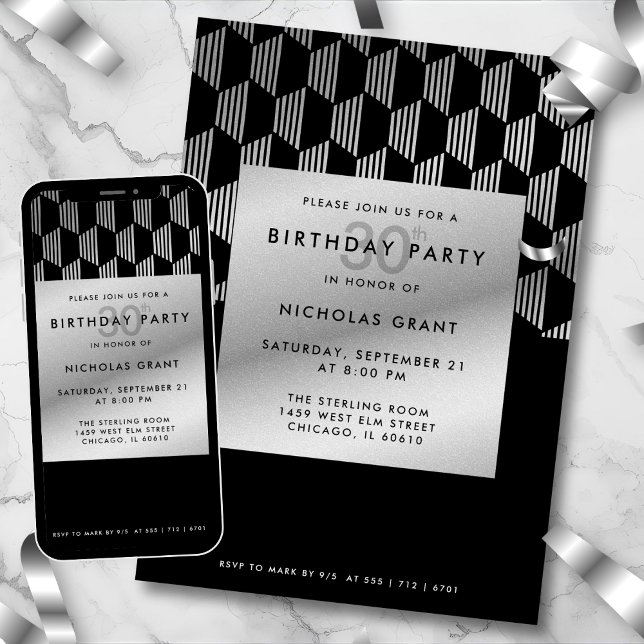 30th Birthday Modern Black Faux Silver Foil Invitation (Creator Uploaded)