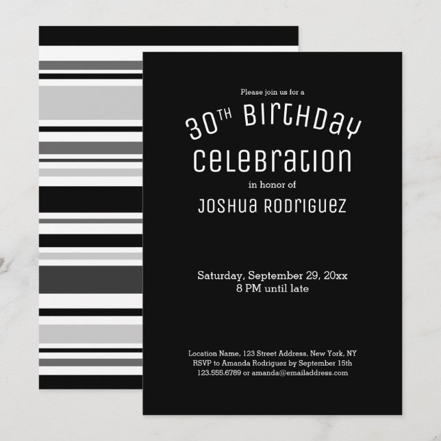 30th Birthday Modern Black White Grey Stripes Invitation (Front/Back)