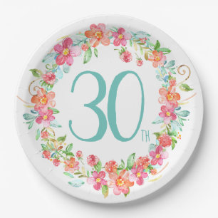 30th birthday modern floral garden party paper plate