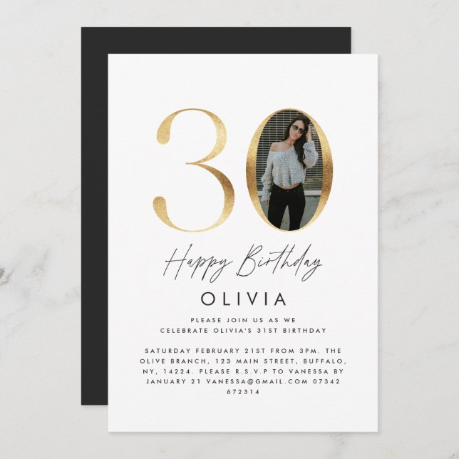 30th Birthday Modern Gold photo elegant stylish In Invitation (Front/Back)
