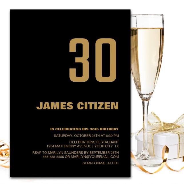 30th Birthday Modern Minimalist Black Gold Party Invitation (Creator Uploaded)