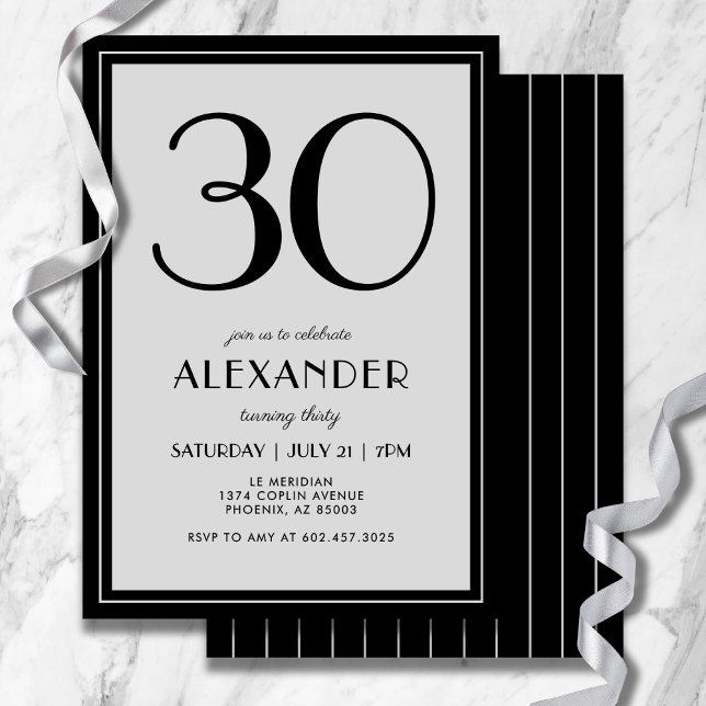 30th Birthday Modern Minimalist Mens Black Grey Invitation (Refined black and gray stripes add modern flair to your 30th celebration.)