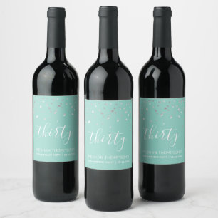 30th Birthday Modern Mint Green Silver Confetti Wine Label