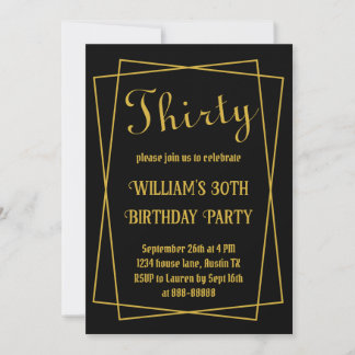 30th Birthday Modern Simple Black and Gold Minimal Invitation