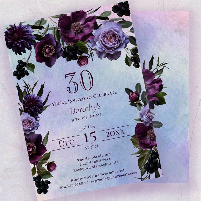 30th Birthday Moody Purple Gothic Flower Invitation (Creator Uploaded)