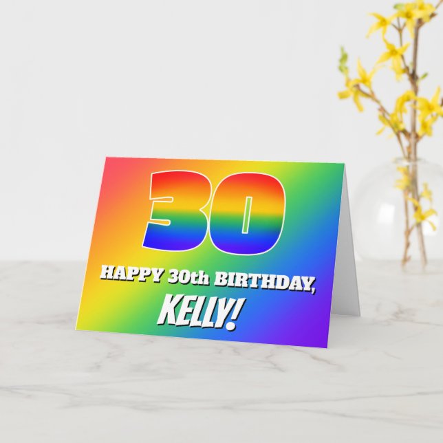 30th Birthday: Multicolored Rainbow Pattern # 30 Card (Yellow Flower)