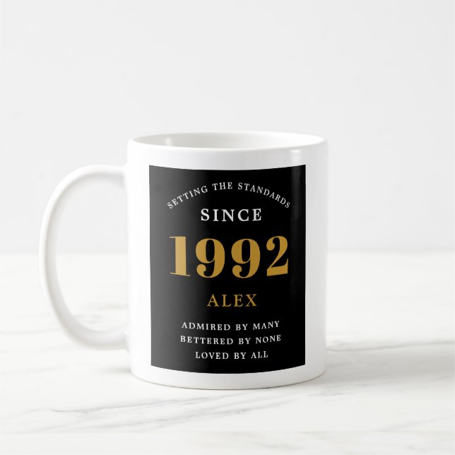 30th Birthday Name 1992 Black Gold Elegant Chic Coffee Mug (Left)