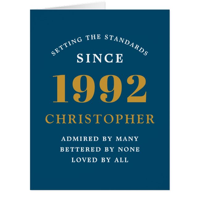 30th Birthday Name 1992 Blue Gold Elegant Card (Front)