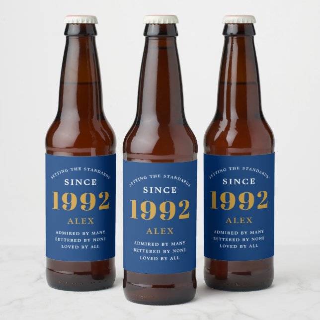 30th Birthday Name 1992 Blue Gold Elegant Chic Beer Bottle Label (Bottles)
