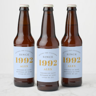 30th Birthday Name 1992 Blue Grey Elegant Chic Beer Bottle Label