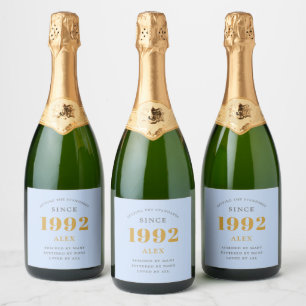 30th Birthday Name 1992 Blue Grey Elegant Chic Sparkling Wine Label