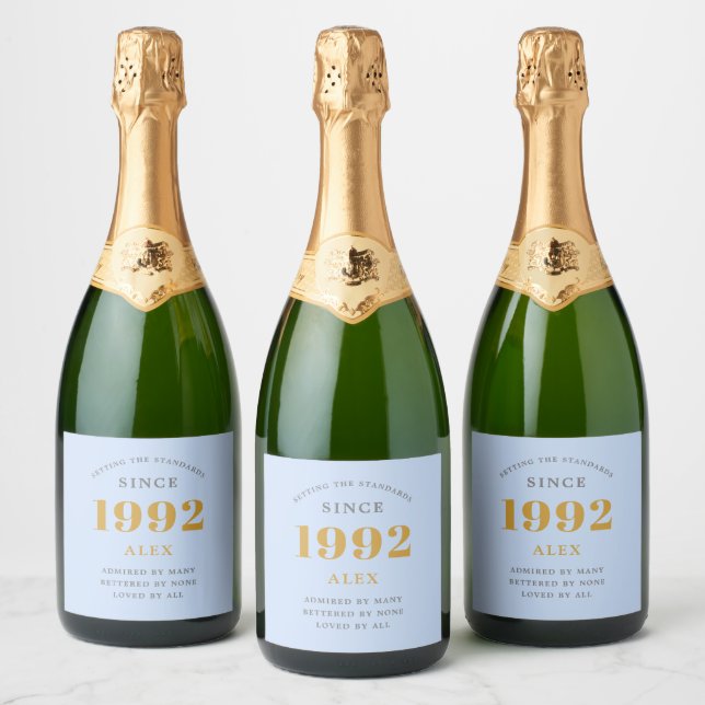 30th Birthday Name 1992 Blue Grey Elegant Chic Sparkling Wine Label (Bottles)