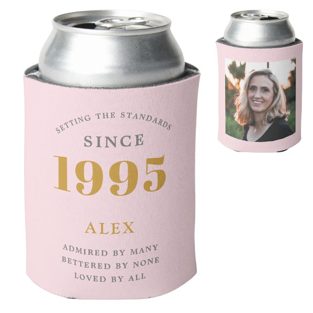 30th Birthday Name 1995 Chic Pink Grey Photo Can Cooler (Personalized pink 30th birthday can cooler with custom photo and name.)