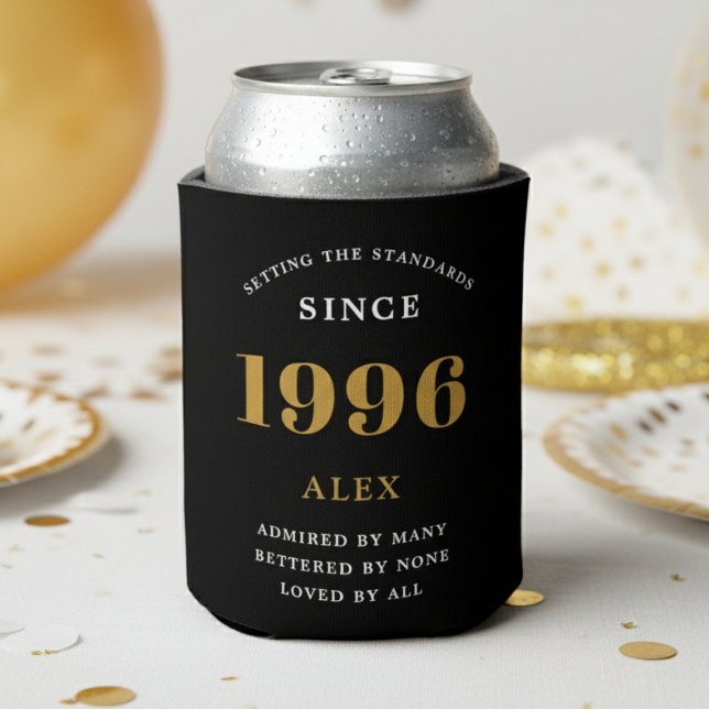 30th Birthday Name 1996 Black Gold Elegant Chic Can Cooler (1996 can cooler on a white background.)