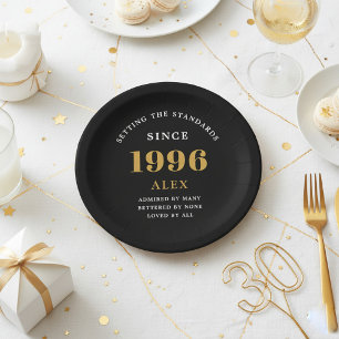 30th Birthday Name 1996 Black Gold Elegant Chic Paper Plate