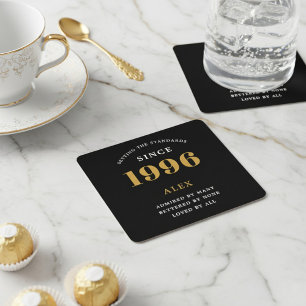 30th Birthday Name 1996 Year Black Gold Custom Square Paper Coaster