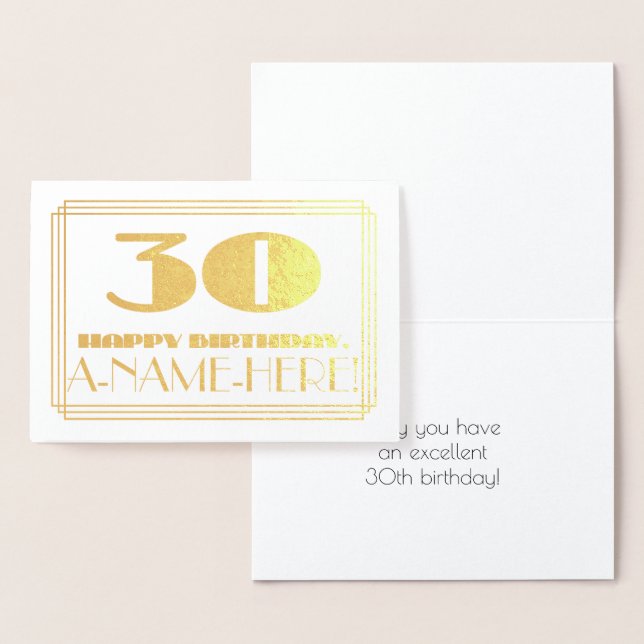 30th Birthday; Name + Art Deco Inspired Look "30" Foil Card (Display)