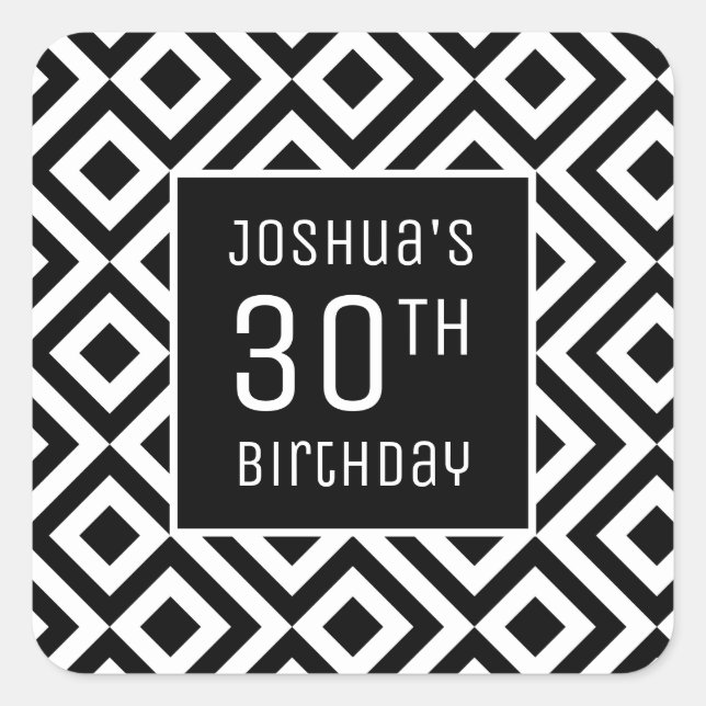 30th Birthday Name Bold Black White Geometric Square Sticker (Front)