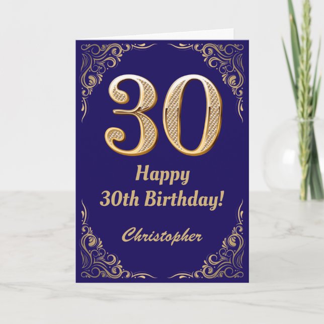 30th Birthday Navy Blue and Gold Glitter Frame Card (Front)