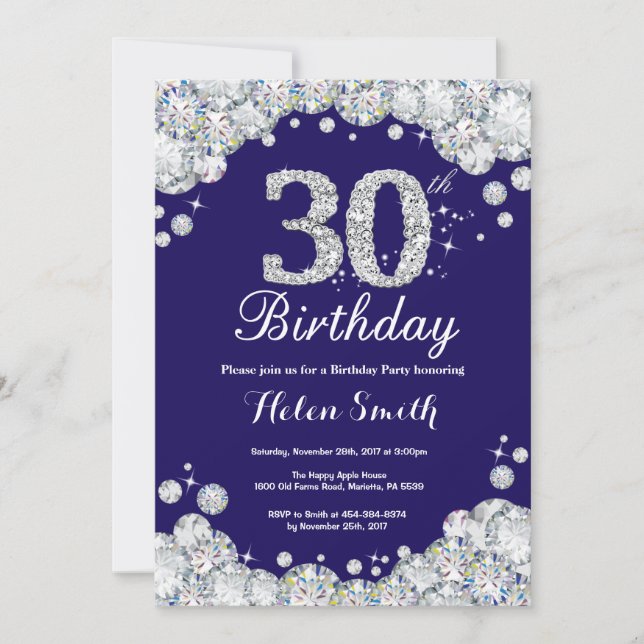 30th Birthday Navy Blue and Silver Diamond Invitation (Front)