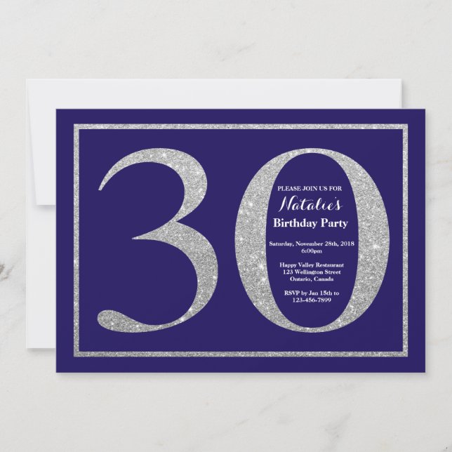 30th Birthday Navy Blue and Silver Glitter Invitation (Front)