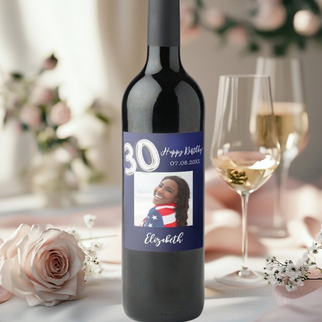 30th Birthday navy blue photo Wine Label (Creator Uploaded)