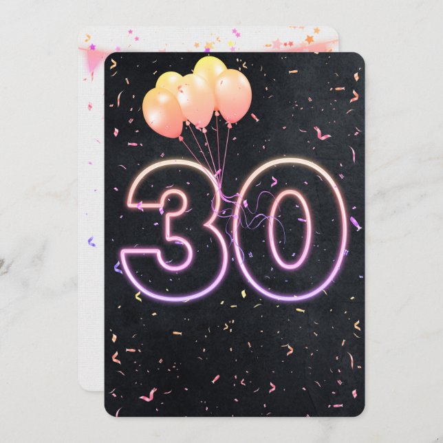 30th Birthday Neon Sign On Black Invitation (Front/Back)