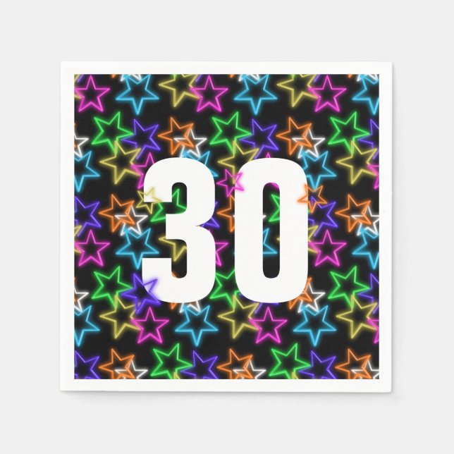 30th Birthday Neon Stars On Black  Napkin (Front)