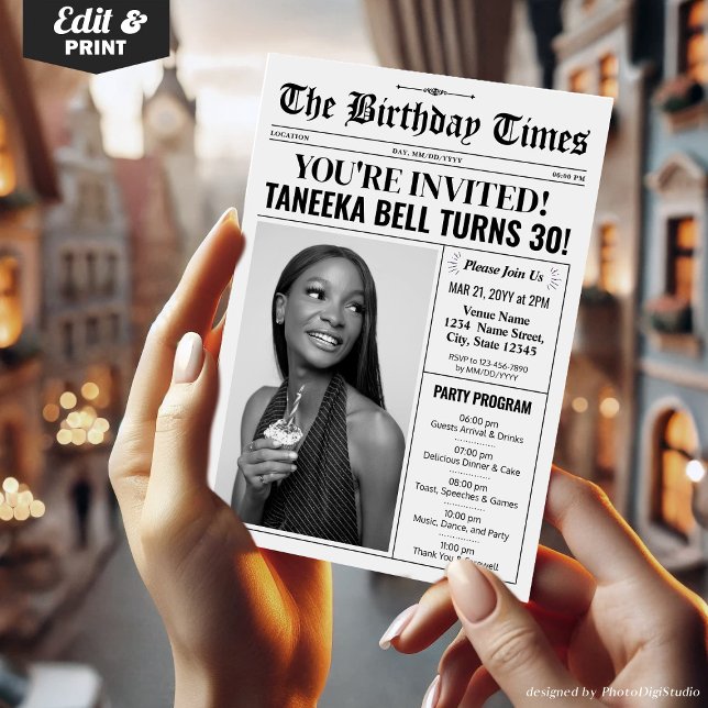 30th Birthday Newspaper Invitation with Program  (30th Birthday Newspaper Invitations with Program)