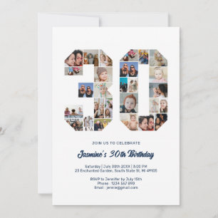 30th Birthday Number 30 Custom Photo Collage Invitation