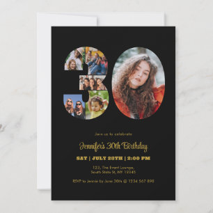 30th Birthday Number 30 Photo Collage Modern Black Invitation